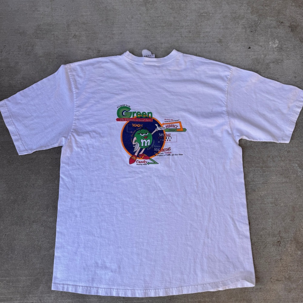 Vintage 90s M&Ms Brand Green M&M Character Graphic T-Shirt White Size XL USA